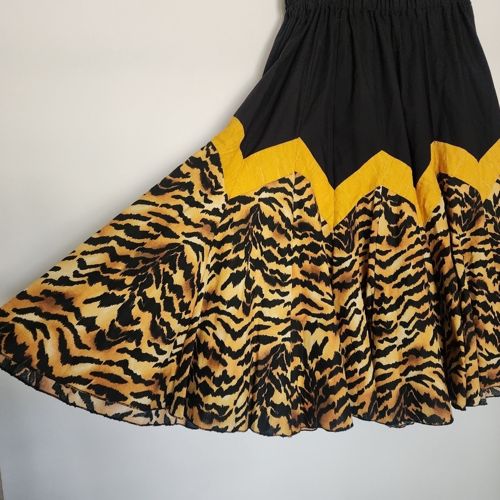 Vintage 80s Tiger Animal Print Midi Skirt Chevron Waist High Rise Boho Pin Up - Picture 5 of 9